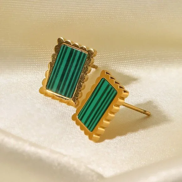 Green Malachite Rectangle 18K Gold Plated Stud Earrings - Picture 3 of 7